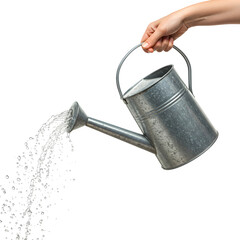 Hand Pouring Sparkling Clear Water from Classic Galvanized Metal Watering Can – Essential for Healthy Plants, Isolated on White or Transparent Background