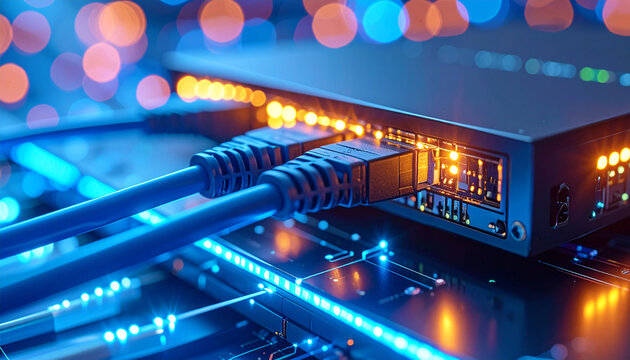 Data Network: Modern data transfer technology with network cables connected to a data server. Illumination of the data center