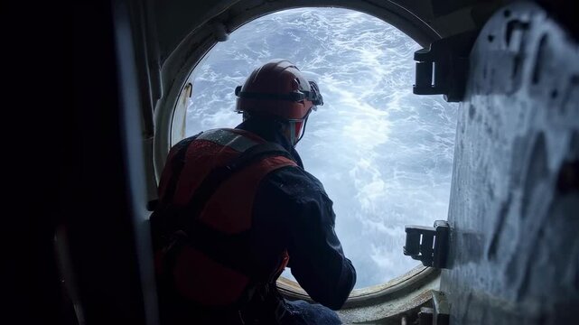 A dynamic shot of a crew member inspecting a large emergency exit hatch on the ships exterior. The person is holding a flashlight examining the seals and hinges while the ocean swells