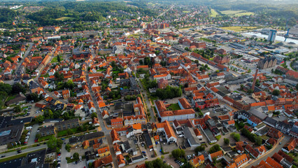 An arial view from the old town in the city Aabenraa in Denmark on a sunny day in spring