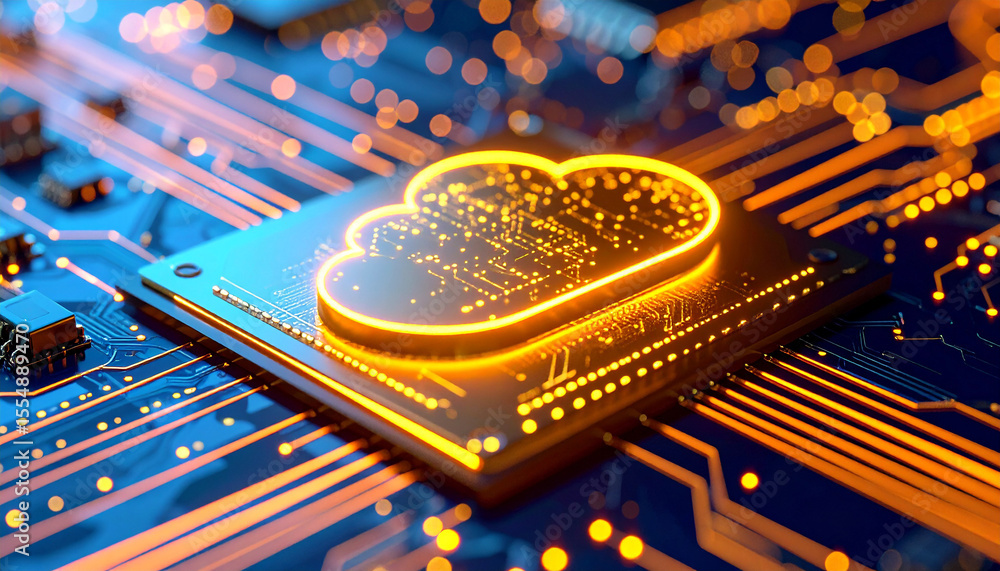 Poster cloud computing: a close-up shot of a high-tech circuit board adorned with a glowing cloud icon, sym