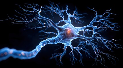Neuron Network: A detailed microscopic view of a neuron, showcasing its intricate network of dendrites and axons, emitting a soft blue glow against a dark background.
