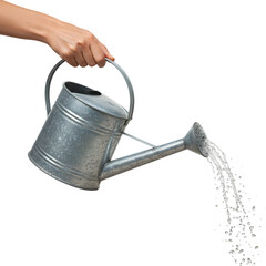 Hand Pouring Sparkling Clear Water from Classic Galvanized Metal Watering Can – Essential for Healthy Plants, Isolated on White or Transparent Background