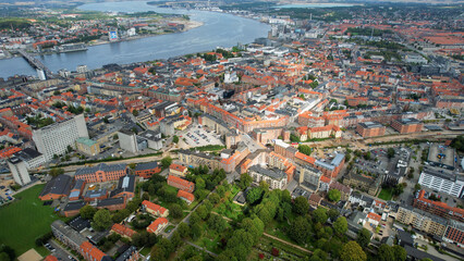 An arial panoramic view of the old town of the city Aalborg in Denmark on a sunny spring day