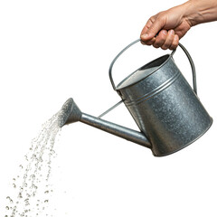 Hand Pouring Sparkling Clear Water from Classic Galvanized Metal Watering Can – Essential for Healthy Plants, Isolated on White or Transparent Background