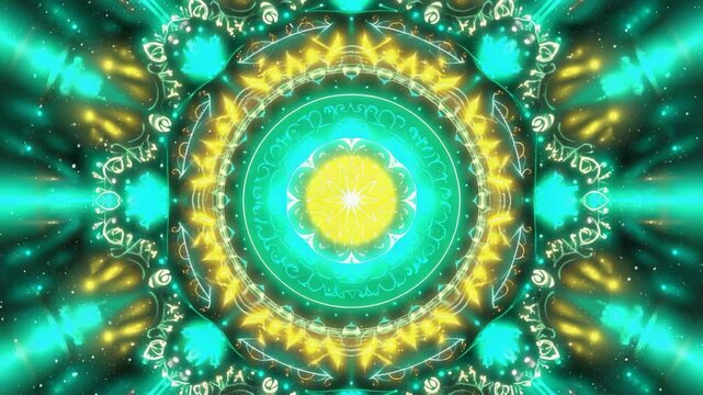 Bright cyan and magenta colors blend seamlessly, creating a mesmerizing mandala pattern.