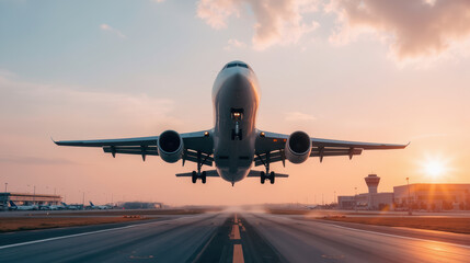 Large airplane takes off from airport runway during sunset, showcasing beautiful sky and airport infrastructure