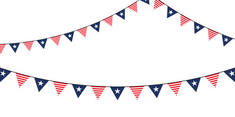 Obraz premium Patriotic bunting with stylized American flags—red, white, and blue triangle pennants—perfect for Independence Day, national events, or festive decor.