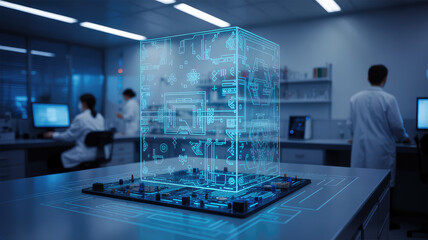 Innovation Unveiled: A striking composition showcasing a technological marvel, a holographic cube hovering over a laboratory workstation.