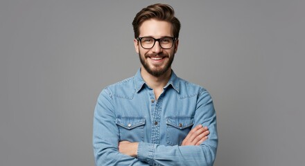 Smiling Man with Glasses Posing with Arms Crossed on Grey Background