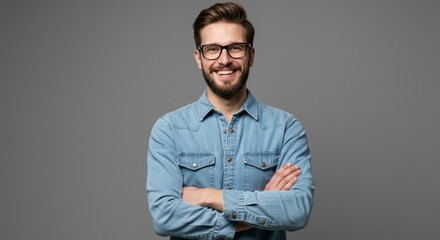 Smiling Man Portrait with Arms Crossed Wearing Glasses and Denim Shirt