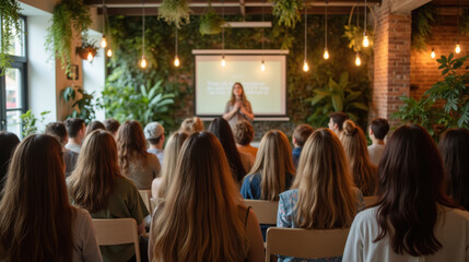 Engaging speaker presenting in lush, green environment with audience focused on screen. atmosphere is vibrant and inspiring