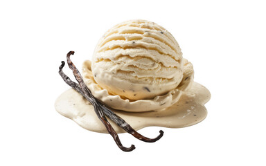 Delicious vanilla bean ice cream scoop with vanilla pods isolated on transparent background