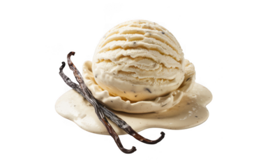 Delicious vanilla bean ice cream scoop with vanilla pods isolated on transparent background