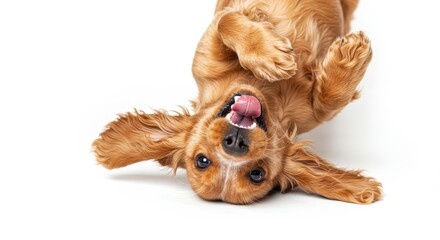 Dog Rolling Upside Down with Tongue Out on White Background