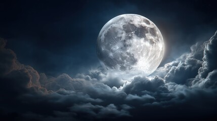 Celestial Serenity: A captivating scene unfolds as a full moon majestically graces a dark, cloud-filled night sky, its luminous glow casting an ethereal spell upon the atmospheric canvas.