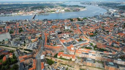 An arial panoramic view of the old town of the city Aalborg in Denmark on a sunny spring day