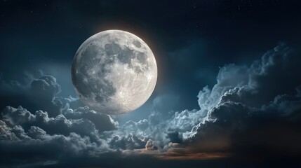 Majestic Lunar Glow: An ethereal scene of the moon radiating its luminous presence, casting a radiant glow across the tranquil nightscape, with clouds serenely embracing the celestial body.