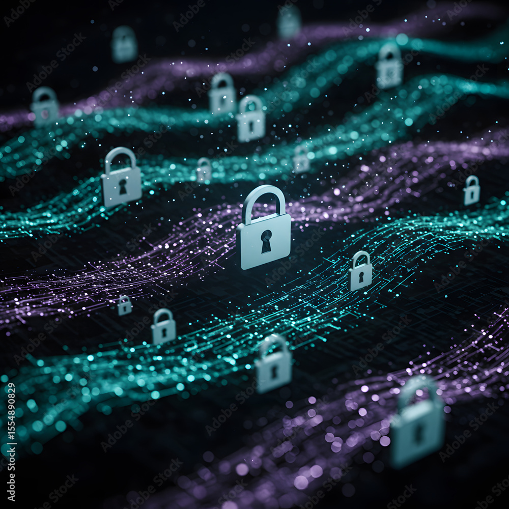 Poster cybersecurity network: glowing digital locks traverse a data stream, illustrating data protection an