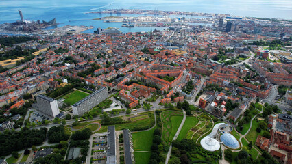 Arial view of the old town of the harbour city Aarhus in Denmark on a sunny spring day
