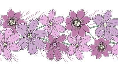 Seamless pattern with garden flowers. Endless banner with pink and purple daisies.