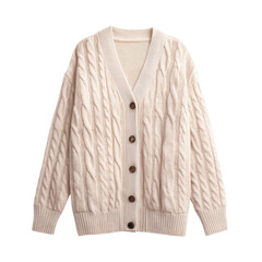 Cozy and Stylish Light Beige Cable Knit Cardigan Sweater for Casual Fashion and Comfort in Cold Weather Transparent background or png