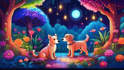 pixel art illustration of dogs in the garden