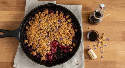 Berry Crumble Baking in Cast Iron Skillet on Wooden Tabletop