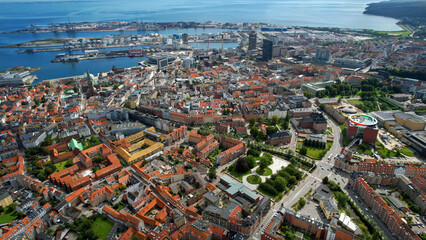 Arial view of the old town of the harbour city Aarhus in Denmark on a sunny spring day
