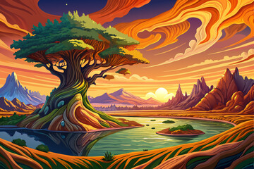 View of Lone Tree on a Calm Misty Island at Sunrise, Pastel Colors Reflecting on Still Water landscape