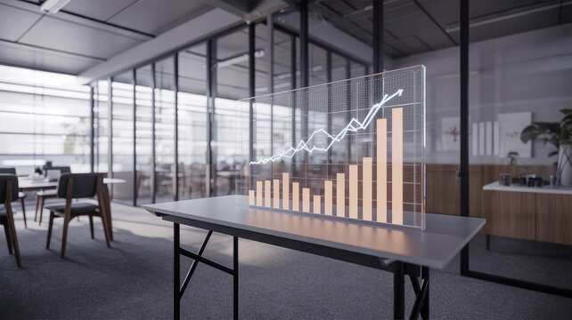 Modern Workplace Insights: A transparent augmented reality overlay of a growth chart floats above a conference table, symbolizing business strategy, data analysis, and collaborative office concepts.  - Powered by Adobe