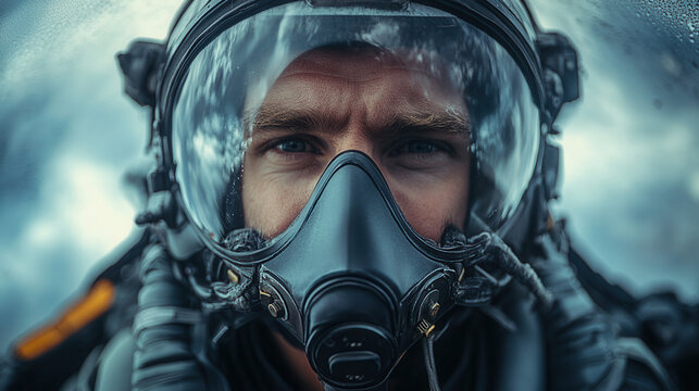 stealth fighter pilot inside cockpit wearing helmet and oxygen mask, focused expression, cloudy sky background