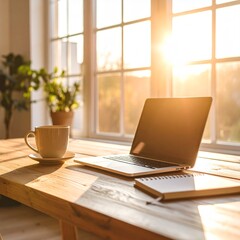A clean modern workspace with a laptop, coffee cup, notepad, and natural sunlight, Scandinavian interior, warm tones, ultra-detailed
