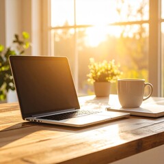 A clean modern workspace with a laptop, coffee cup, notepad, and natural sunlight, Scandinavian interior, warm tones, ultra-detailed