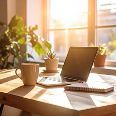 A clean modern workspace with a laptop, coffee cup, notepad, and natural sunlight, Scandinavian interior, warm tones, ultra-detailed
