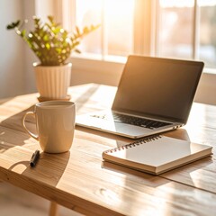 A clean modern workspace with a laptop, coffee cup, notepad, and natural sunlight, Scandinavian interior, warm tones, ultra-detailed