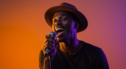 Singing Man Holding Microphone Wearing Hat Performing Live