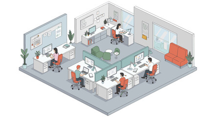 Modern office workspace concept vector illustration in isometric style for design projects