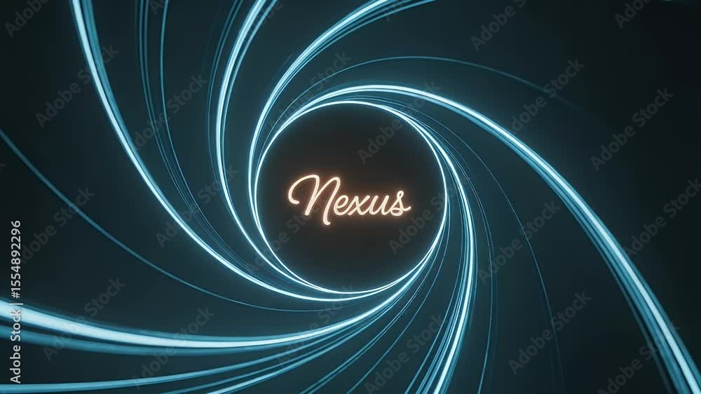 Poster abstract digital animation of swirling blue light tunnel with a gold script word in the center. dark
