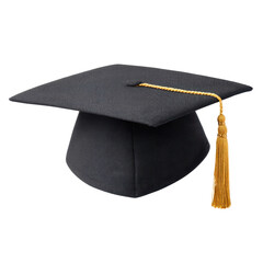 Classic black graduation cap with a golden tassel symbolizing academic achievement and celebration of educational milestones Transparent background or png