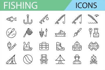 Fishing, Angling, and Boat Adventure Icons for Nature and Sports