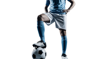A young soccer player in a light blue uniform confidently poses with one foot resting on a soccer ball against a clean white background, ready for action.