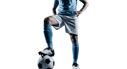 A young soccer player in a light blue uniform confidently poses with one foot resting on a soccer ball against a clean white background, ready for action.