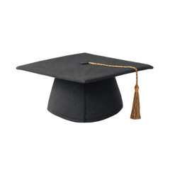 Traditional black graduation cap with gold tassel on a white background symbolizing academic achievement and success Transparent background or png