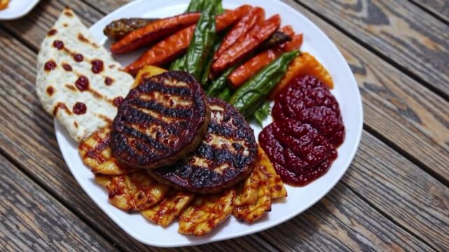 Grilled beef kofta skewers with flatbread and yogurt sauce