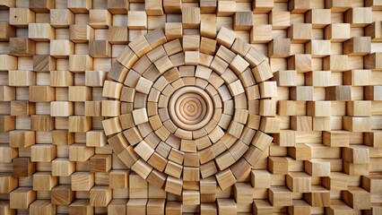 Fototapeta premium Abstract Wooden Block Concentric Circles Pattern Design Featuring a Central Circular Motif Composed of Smaller Cubes Within a Larger Grid of Cubic Elements