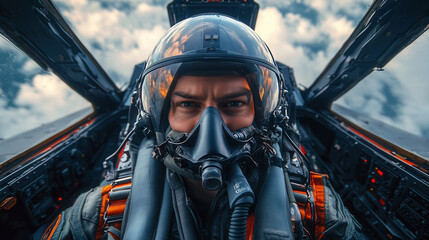 stealth fighter pilot inside cockpit wearing helmet and oxygen mask, focused expression, cloudy sky background 