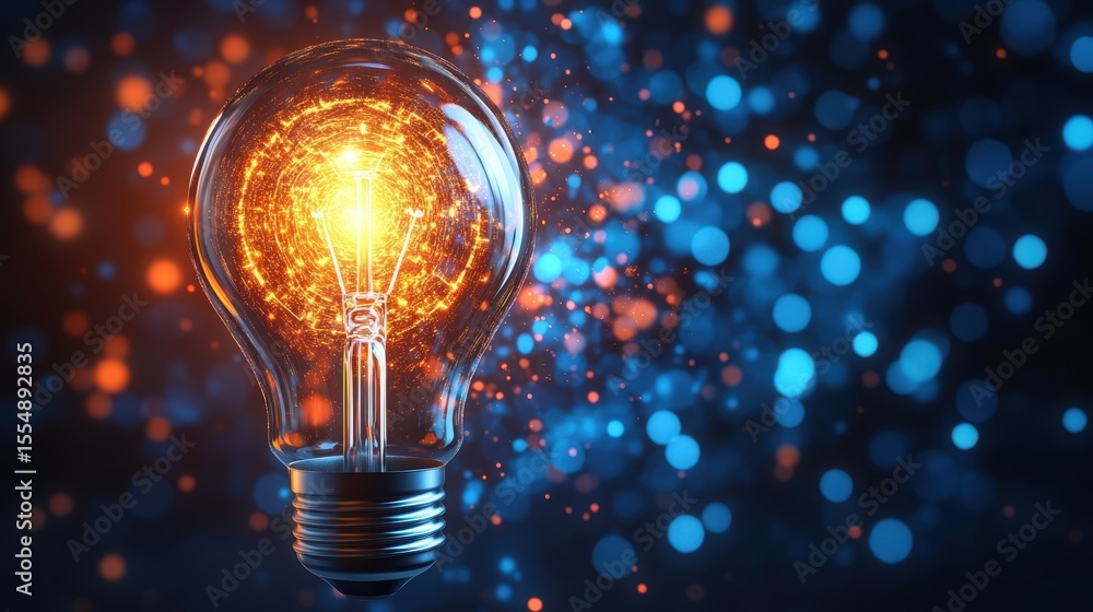 Poster creative illuminated light bulb with glowing filament surrounded by bokeh sparkling lights on dark b