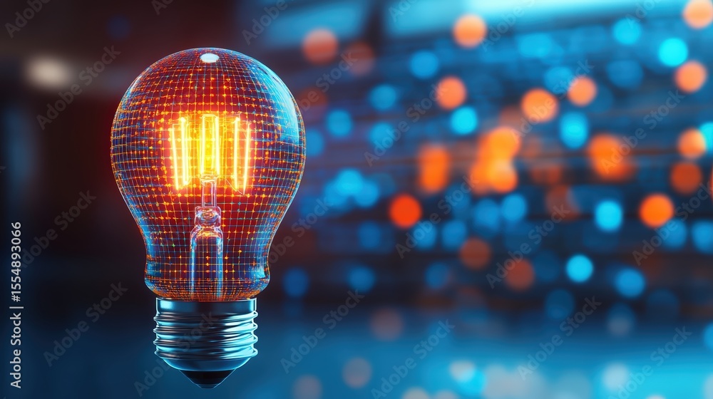 Poster bright glowing incandescent light bulb with colorful bokeh background representing innovation and en
