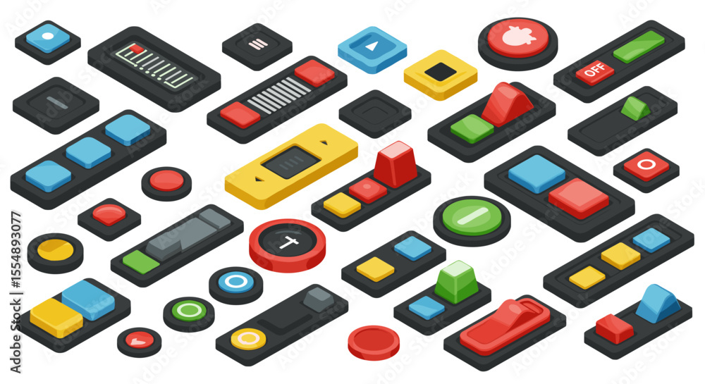 Poster colorful isometric buttons collection vector illustration for ui and game design